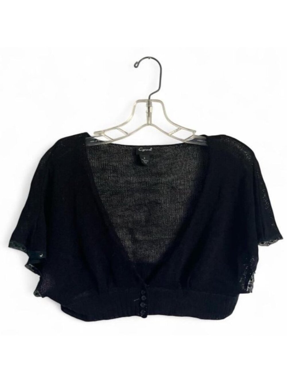 Vtg Cejon Women’s Black Open-Knit Cropped Bolero Shrug Sweater Button V-Neck S